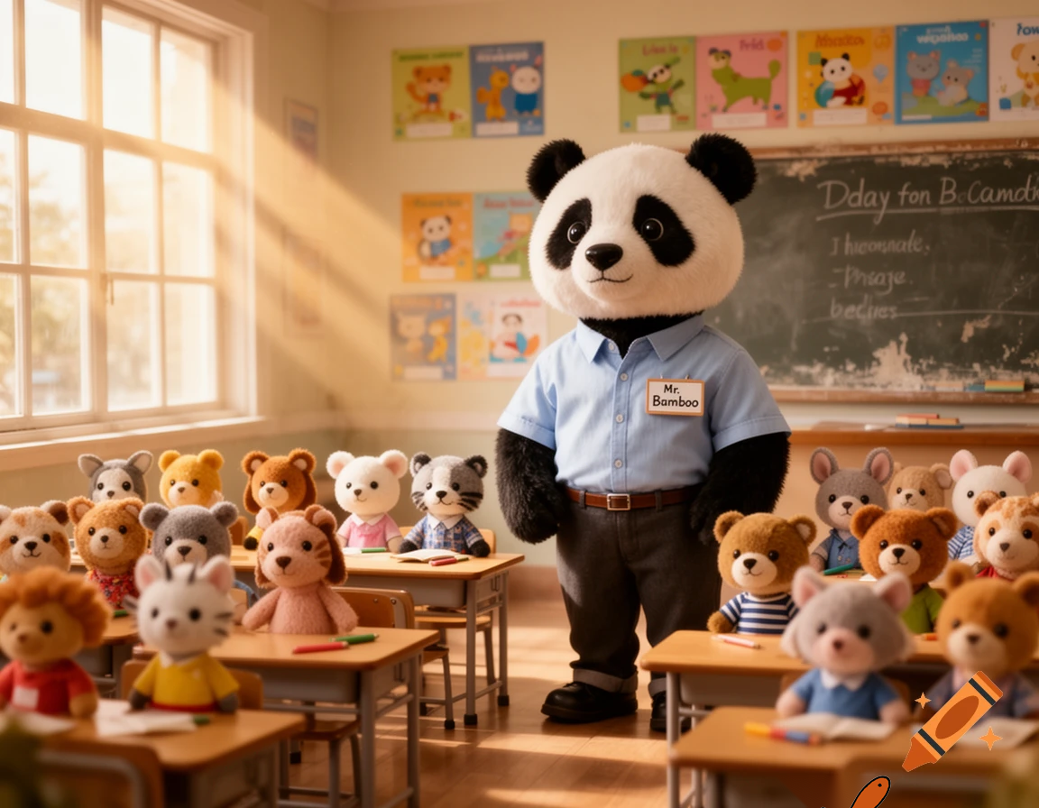 a panda teacher checking if everyone is here in school