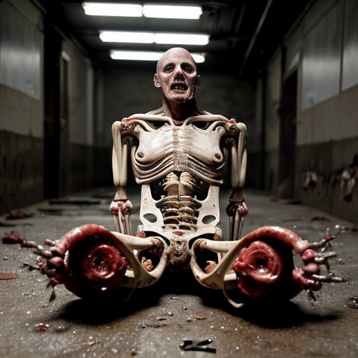 Highly detailed photorealistic image of a grotesque biomechanical horror figure sitting slumped on a dirty concrete floor in a dark abandoned industrial basement, night time, dim overhead lighting. The creature has a bald, pale, rotting human-like head with exposed red muscle tissue and sinew on the neck and shoulders, partially skinned torso revealing raw bloody flesh, muscle fibers, tendons and organs. Its arms and legs are constructed from white PVC pipes and metal rods crudely attached to the flesh with visible screws, bolts, and duct tape. The limbs are a mix of real decaying human arms and legs with bloody torn skin and exposed bone, fused with the pipe prosthetic structure. Bloody stumps where flesh meets plastic and metal. Realistic wet glistening blood, raw meat texture, detailed gore, horror atmosphere. Dark grimy background with concrete walls and floor, scattered debris, cinematic lighting, photorealistic, ultra-detailed, 8k, horror photography style --ar 3:4 --stylize 0 --v 6"