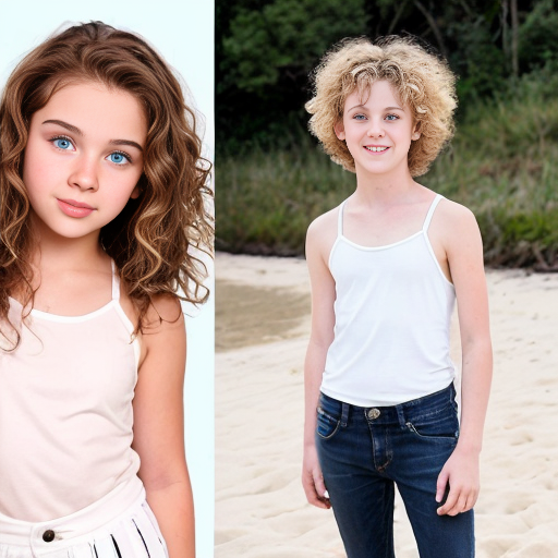 A girl who is 16 with brunette hair with lighter highlights and she has beach curls .she also has brown eyes  She is wearing a white mini dress with thin straps. There is her brother a 14 year old boy the same height as her and he has curly brunett hair and brown eyes. He is wearing a white shirt and blue jeans. There is another girl who is 10 and she is wearing a pink tank top with a white mini skirt she also has blonde hair and blue eyes .she is shorter than both of the other people.They are all siblings. Also make it look like a realistic photo