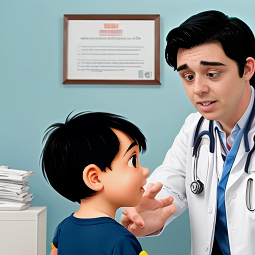 cartoon baby boy with black hair getting checked  on by the doctor
