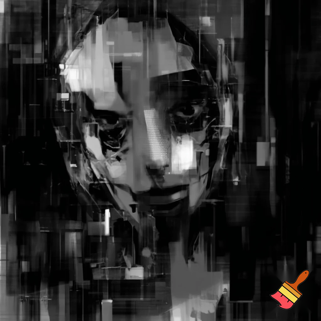 Bio-mechanical girl portrait, noise art. In the style of a 1920's German Expressionism. Black & white.