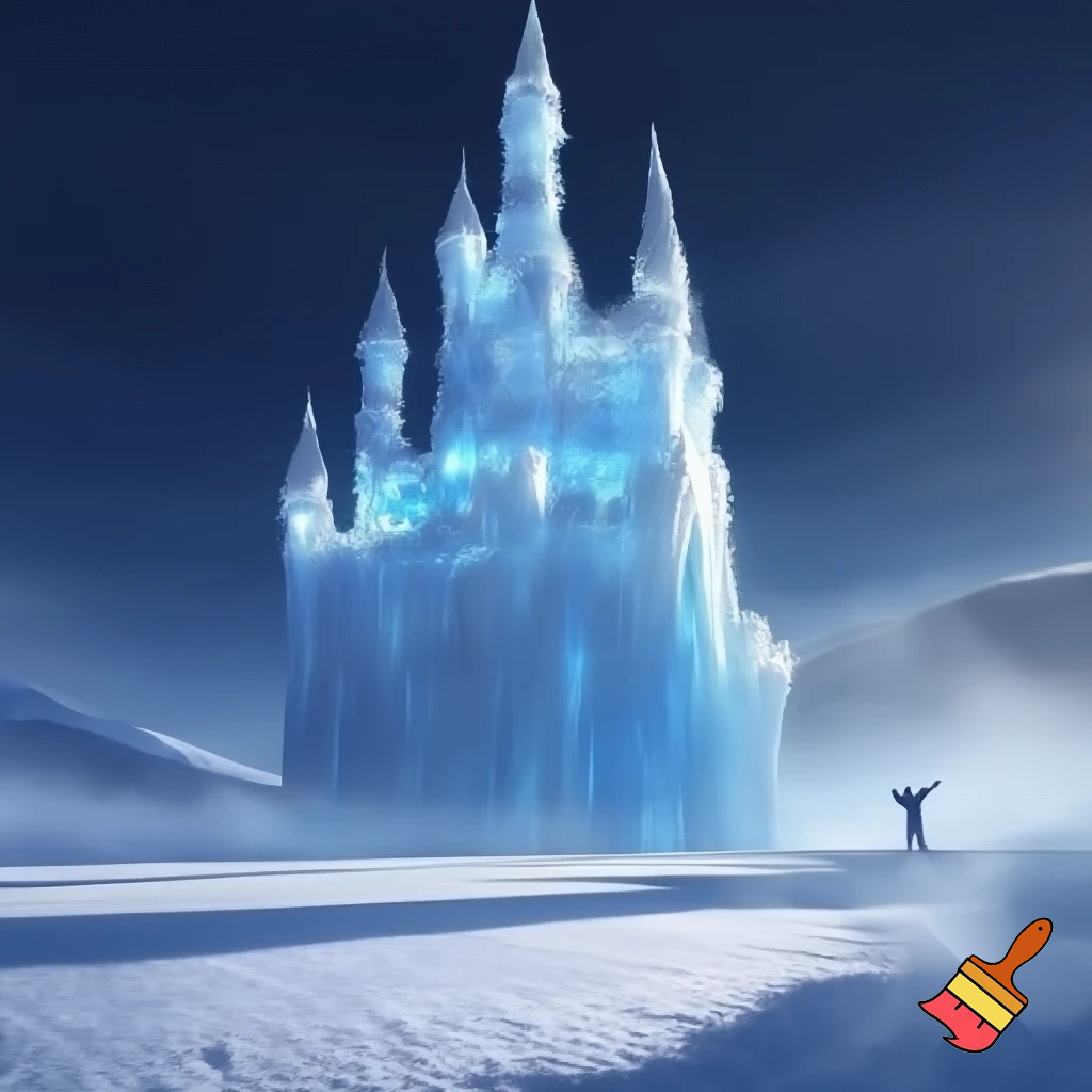a giant purple castle made of ice rising from the snowy ground, floating above it(in the distance) a silloughete of a boy with his hands outstretched, and his eyes glowing, as though he is ascending