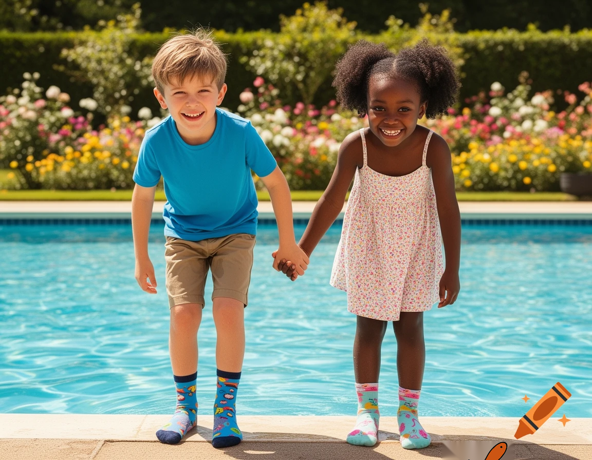 A wholesome scene suitable for children. A ten year old couple having fun on their first date. He is white and she is black. They are holding hands. They are wearing only socks. They are about to swim in the pool behind them.