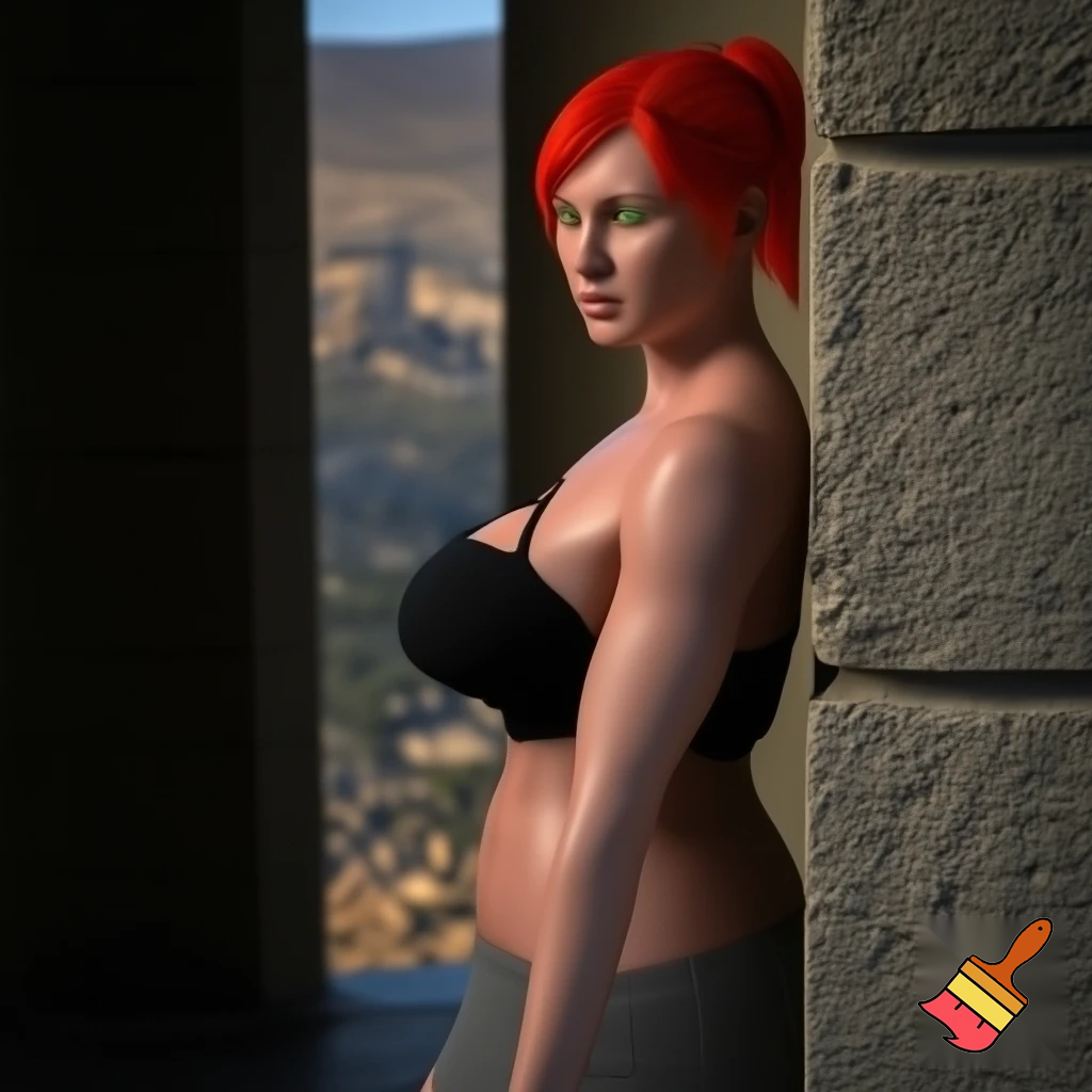 Hyper realistic portrait in natural light, subject is a 27's red woman with green eyes , statuesque physique with a large but well-weighted breast, a black top, gray miniskirt and a sculpted ass, full-length person from head to toe, on a railing overlooking a mountain valley with ancient ruins, illuminated by soft diffused light from the side; extremely detailed skin texture with visible pores and micro contrast; neutral and faithful color rendering; shallow depth of field with smooth, creamy bokeh; 85mm f/1.4 lens; strong sense of physical presence and three dimensionality; realistic colors with no excessive saturation; advanced sharpness on eyes and facial features; medium format style photographic quality, professional studio feel, authentic and unposed atmosphere, hair tied back, bokeh, she's looking the horizon and leaning against a column.