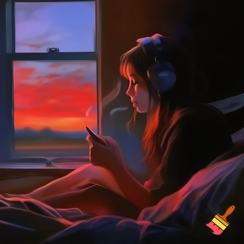 a young woman with headphones, sitting on her bed in a dimly lit room, facing the window and looking outside at the red sunset sky, her face turned toward the light of the sunset, holding a small object that gives off a faint smoke trail, warm cinematic lighting illuminating her silhouette, soft shadows, realistic atmosphere, cozy and melancholic mood, ultra-realistic detailed digital painting, depth of field, soft focus on her profile