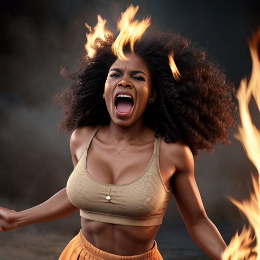 Actress Nia Long long curly hair naked wear a light beige skirt background screaming body on fire 