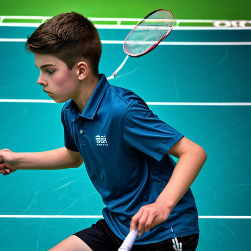 a side profile of a 14 year old boy hitting a badminton shuttlecock about 10 metres