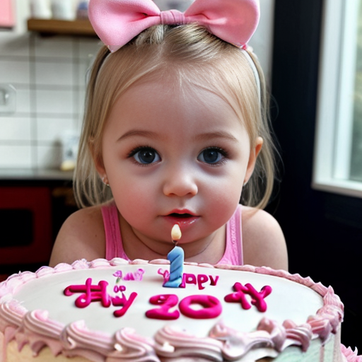 create a 2 year old daughter with blonde hair with blue eyes in pink on her birthday in front of a cake at a house 