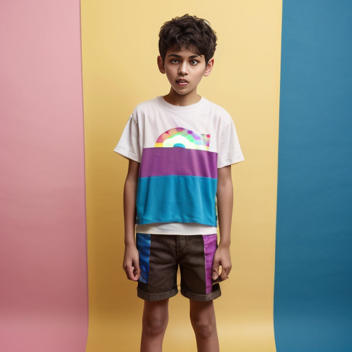 a nervous short 14 brown boy with rainbow clothing who is a human
