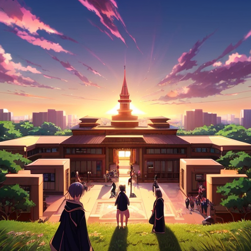 “large university campus full of students in ancient robes, discussion, learning, vibrant environment”