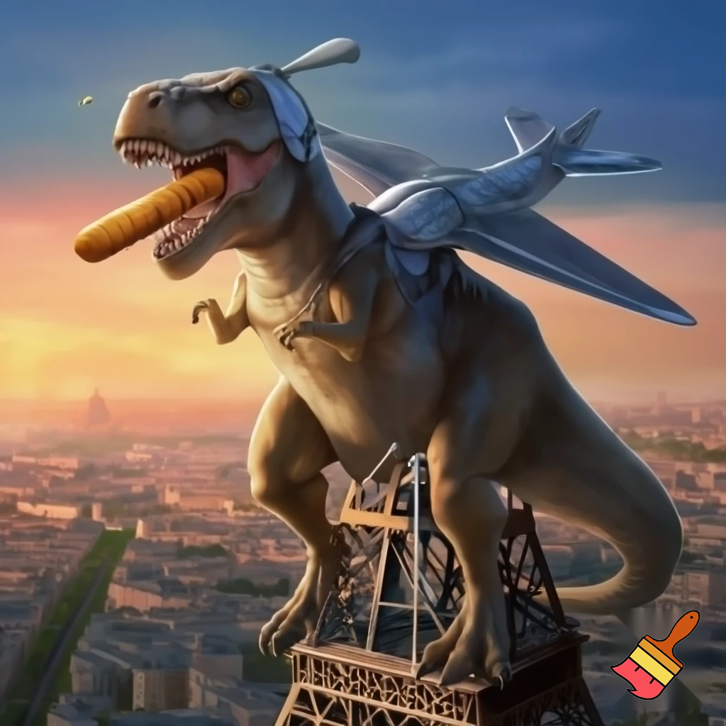 a t rex sitting on the Ifle tower eating a baguette dressed as an aeroplane