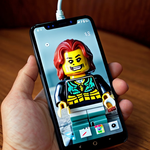 LEGO smartphone fully charged at 100%.
Battery appears intact and normal.
Clean LEGO environment.
Serious documentary tone.
Vertical 9:16.
