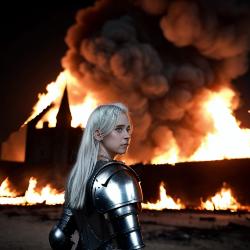 young white-haired woman in armor stands in front of a burning castle into which meteor are falling