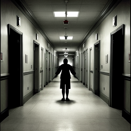 a vey scary mental hospital hallway with 6 silouttes of people with needles make it scary