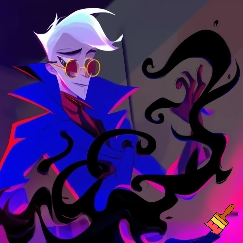 A tall, lean pale man with white hair, distinctive round brass glasses he has a stern look on his face. his face In cartoonish art style of hazbin hotel wearing his signature blue overcoat with black sinister smoke curling around him his hand reaching out, producing the black sinister smoke