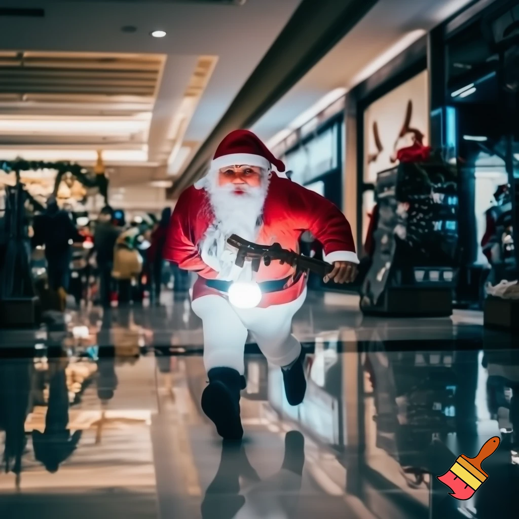 Santa Claus running with the walking stick running with his magic walking stick walking in the shopping centre