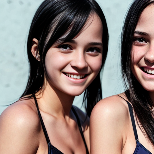 Generate a family photo of 3 triplet girls with black hair in a bikini 