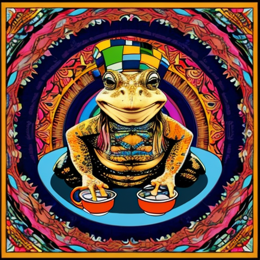 A hillarious, funny boho toad with some hippie colored coffee cups. Psychedelic decorated background.