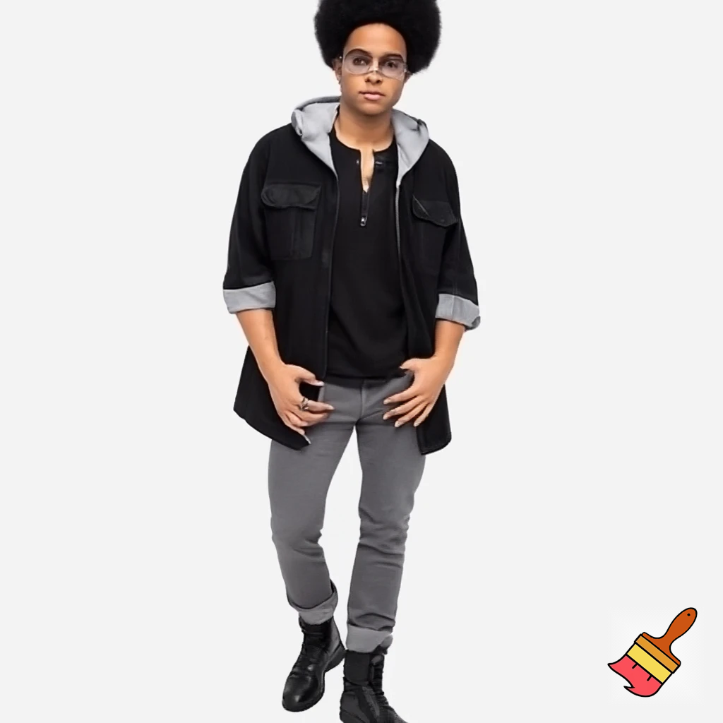 A tall, skinny, lean man with tan skin and v-tapered masculine physique, moderate muscle and prominent bone definition a heart shaped face with well defined structure, black bushy but shaped eyebrows, long lashes and coffee black 3C hair and irises wearing a black denim field coat with a grey hood attached, slim rectangular glasses with a silver glasses chain, and a black henley buttoned shirt slightly undone, black nails, sleeves rolled up the elbows, denim grey jeans and black leather combat boots 