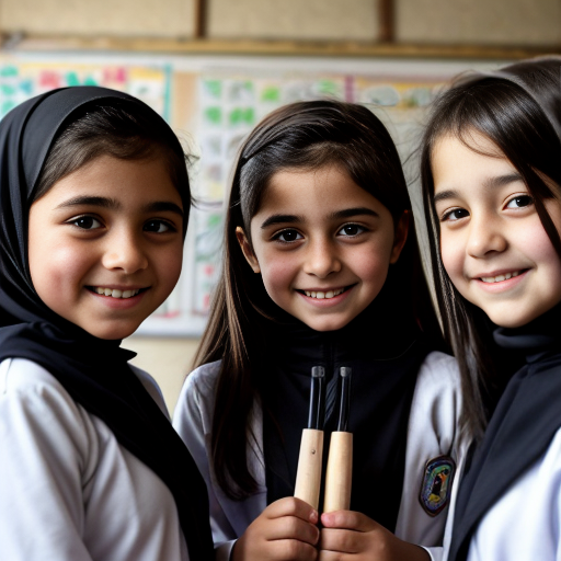 iranian elementary school girls holding a missile smiling