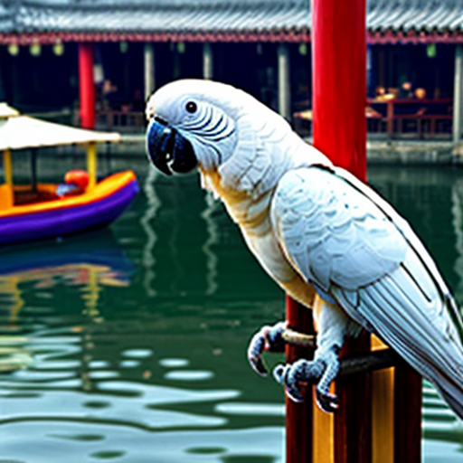 a cockatoo perching on a floating Chinese restaurant