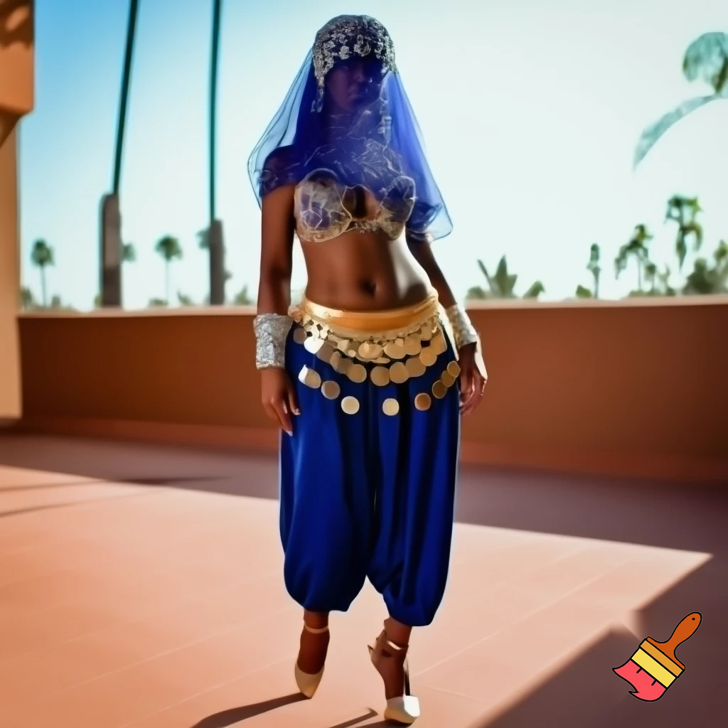 Attractive Moroccan woman with dark skin wearing a headpiece, a veil, ornate cuffs, a bejeweled bra, a coin belt, harem pants and ballroom dance shoes in California 