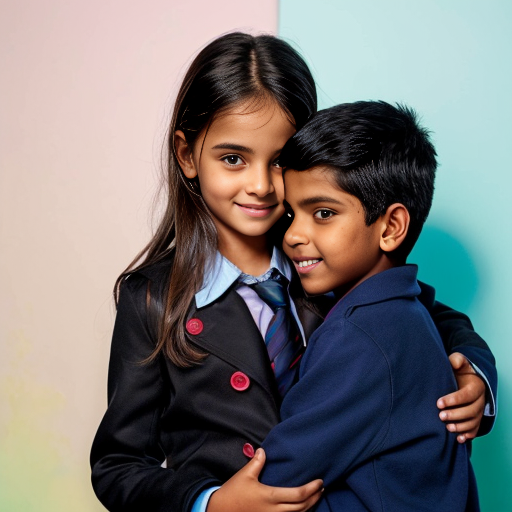 n Indian boy holding an Indian girl with his hands. 
The girl gently kisses the boy’s forehead. 
They both look like 21-year-old college students. 
The boy wears a light green shirt and black pants. 
The girl wears black pants, a sky blue top, and a black coat with shortand button closed . 
The girl’s skin tone is slightly darker than the boy’s. 
Background: a room with a plain white wall. 
The girl’s hair is tied neatly, like in a uniform style. 
Style: soft watercolor painting. 
Aura glow: pastel aura (pink + blue mix)