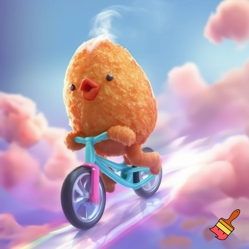 chicken nugget riding a bike in the sjy