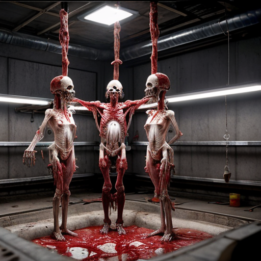 Photorealistic cinematic horror still, grim industrial human abattoir processing facility, blood-drenched concrete walls with exposed rusty pipes and flickering fluorescent lights, long conveyor belt carrying piles of naked flayed human corpses with realistic wet muscle tissue, exposed bones, and glistening blood, scattered entrails and meat chunks on the floor, workers in stained overalls and hard hats handling hooks and bodies with exhausted or horrified expressions, hanging dismembered torsos on overhead meat rails, massive background machinery like giant grinders, visceral body horror and industrial decay, inspired by Texas Chain Saw Massacre, David Cronenberg, H.R. Giger biomechanical style, and Goya's grotesque paintings, ultra-detailed textures, subsurface scattering on skin and blood, cinematic volumetric lighting, raw photorealism, 8k, horror atmosphere --ar 3:4 --stylize 50