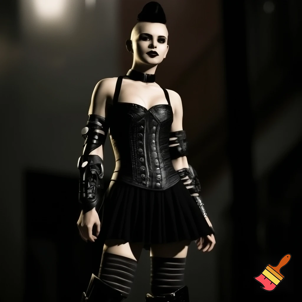 Woman with an undercut and bold makeup wearing a collar, buckle arm warmers, a corset, a pleated skirt, vertical striped stockings and platform boots 