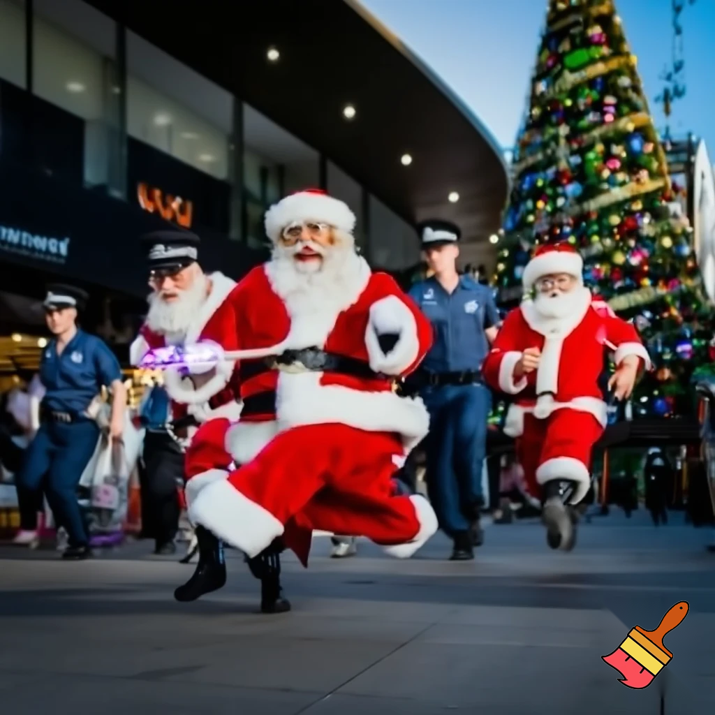 Santa Claus dancing shopping Centre walking Australian magic walking stick walking stick star running outside of the shopping centre on the Christmas tree  policeman are running the two naughty Santa Claus the two good Santa Claus and the naughty one