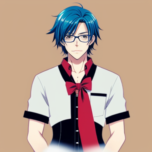 make a rough sketch of a feminine man (in a digital manga art style), who has a tall and slender body type, white, long wavy hair, a corset over a short sleeve button up; make it formal yet pretty, he has one red eye which has a scar, and he's holding a chainsaw. he also has thin oval-shaped glasses low on his nose, and a red ribbon tied around his neck. He's also wearing fingerless gloves.