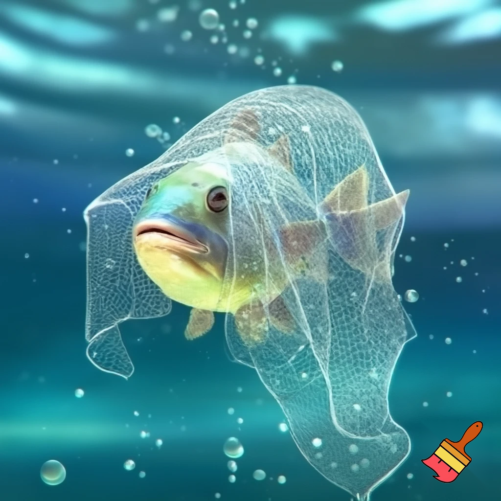 Draw me a picture of a fish wearing a fishing net like a wedding veil.