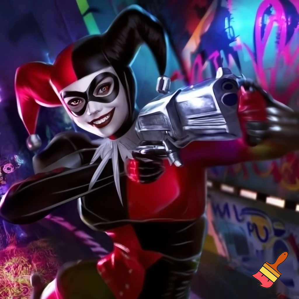 Harley Quinn using a pistol 
