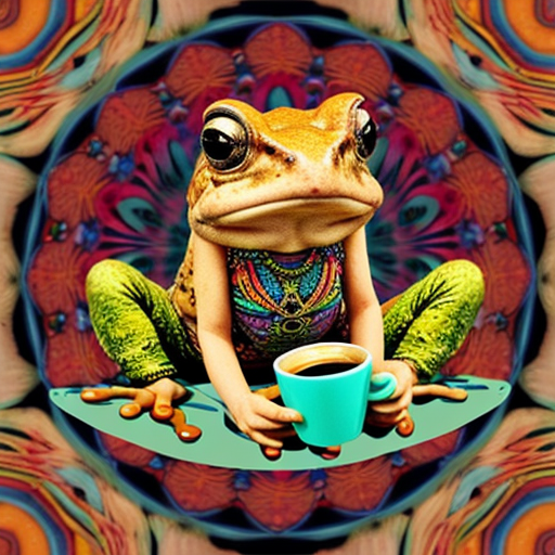 A hillarious, funny boho toad with some hippie colored coffee cups. Psychedelic decorated background.