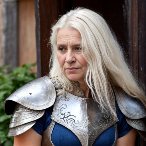 young, tall, white-haired woman in armor is sad because a Turkish man stole her knife.