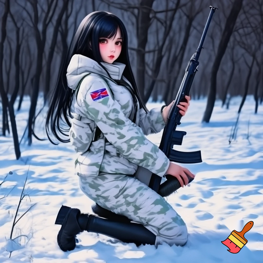 realistic colours, zoomed out veiw. large eyes looking to the left behind the camera, long black hair, red eyes, 19 years old girl. wearing white military camo clothing, jacket and pants  with british sas flag on the sleeve, kneeling in snow, holding a rifle. anime stye 