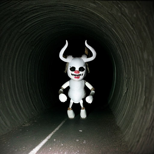 A 9:16 aspect ratio pic of 
Photorealistic found-footage flash photography of three uncanny puppets in a dark concrete tunnel. Left: furry grinning demon with horns. Center: pale, blank-faced puppet in an oversized white military cap. Right: tall, grinning white puppet with hollow black eyes and a propeller beanie. Analog horror, heavy VHS grain, harsh camera flash, eerie green-blue tint, macabre, liminal space.