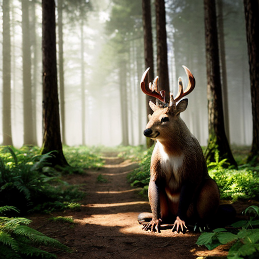 A gentle, intelligent-looking female deer named Mimi stands in a misty, magical forest. She wears a classic tweed deerstalker hat, like an old-fashioned detective. Perched playfully between her antlers is a tiny, energetic squirrel, acting as a lookout, peering into the distance. In the foreground, a large bear footprint and a bright red berry lie on the forest floor, being carefully examined through a shiny magnifying glass held near them. The forest is full of tall trees with soft green leaves, beams of sunlight shining through the mist, and dappled light on the ground. The mood is “whimsical mystery” — cozy, curious, and slightly foggy, with soft, storybook-style colors and gentle expressions on the animals’ faces