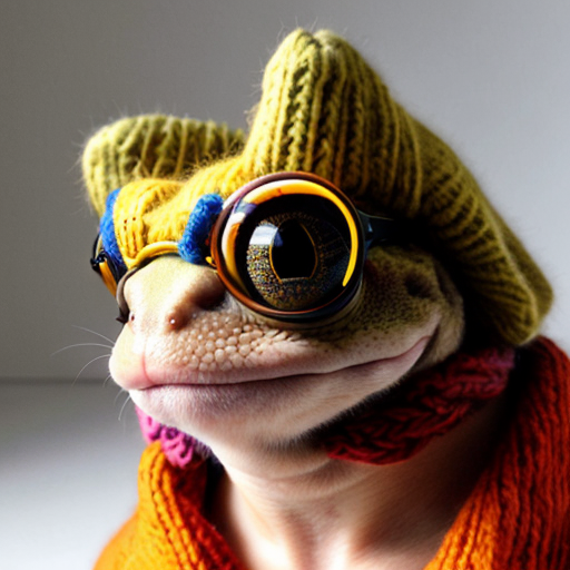 A laughable, puzzled animal toad in woolen, multicoloured winter clothings with woolen winter cap. Hyperrealistic art style.