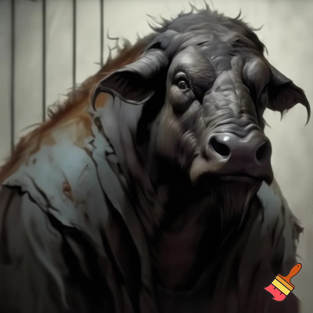 water buffalo:
mug shot standing
evil 
sinister
prison outfit
with colour
