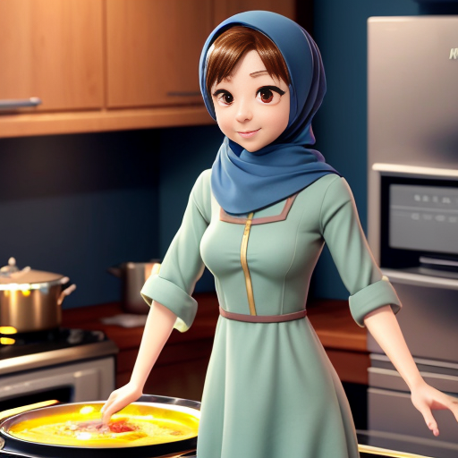 Pixar-style 3D cartoon character, standing at the stove, cooking gesture, exaggerated cartoon features, big expressive eyes, Muslim woman 35-40 years old, fully covered in wide light blue dress, headscarf covering all hair, modest appearance, gray background, consistent character, simple cartoon style, cinematic lighting