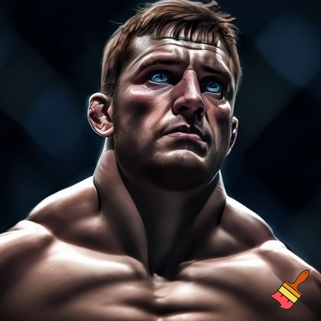 A mixed martial artist who has gone down two weight classes for a fight. His cheeks are sunken and his ribs are visible and his muscles stand out alarmingly. Nonetheless, he stands tall and steady. His eyes are watery blue, his hair is brown and his ears stick out. 