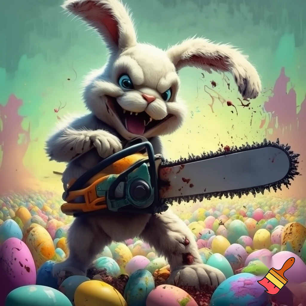 Easter bunny with the top hat Easter bunny mascot costume with a chainsaw a Easter bunny