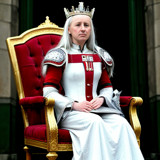 Tall, white-haired Queen of Poland in armor sitting on a throne