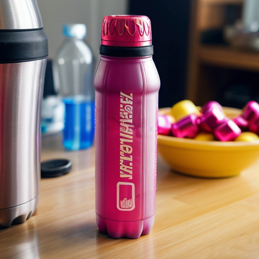 an energy drink bottle for boosterade  the plastic bottle is blue yellow and pink 
