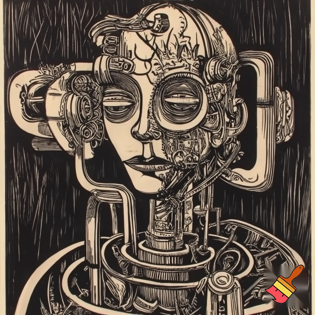 Bio-mechanical girl portrait, noise art. In the style of a 1920's German Expressionist woodcut print. Black & white.