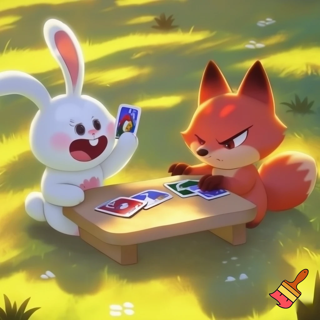 Theme: A rabbit is playing uno with a fox
Lighting: Sunny
Feeling: Joyful
Style: 2D Cartoon
View Angle: Front