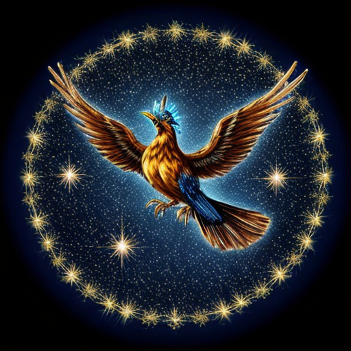 a magical spirit blue bird phoenix glowing and slightly transparent like smoke with a black starry night sky  