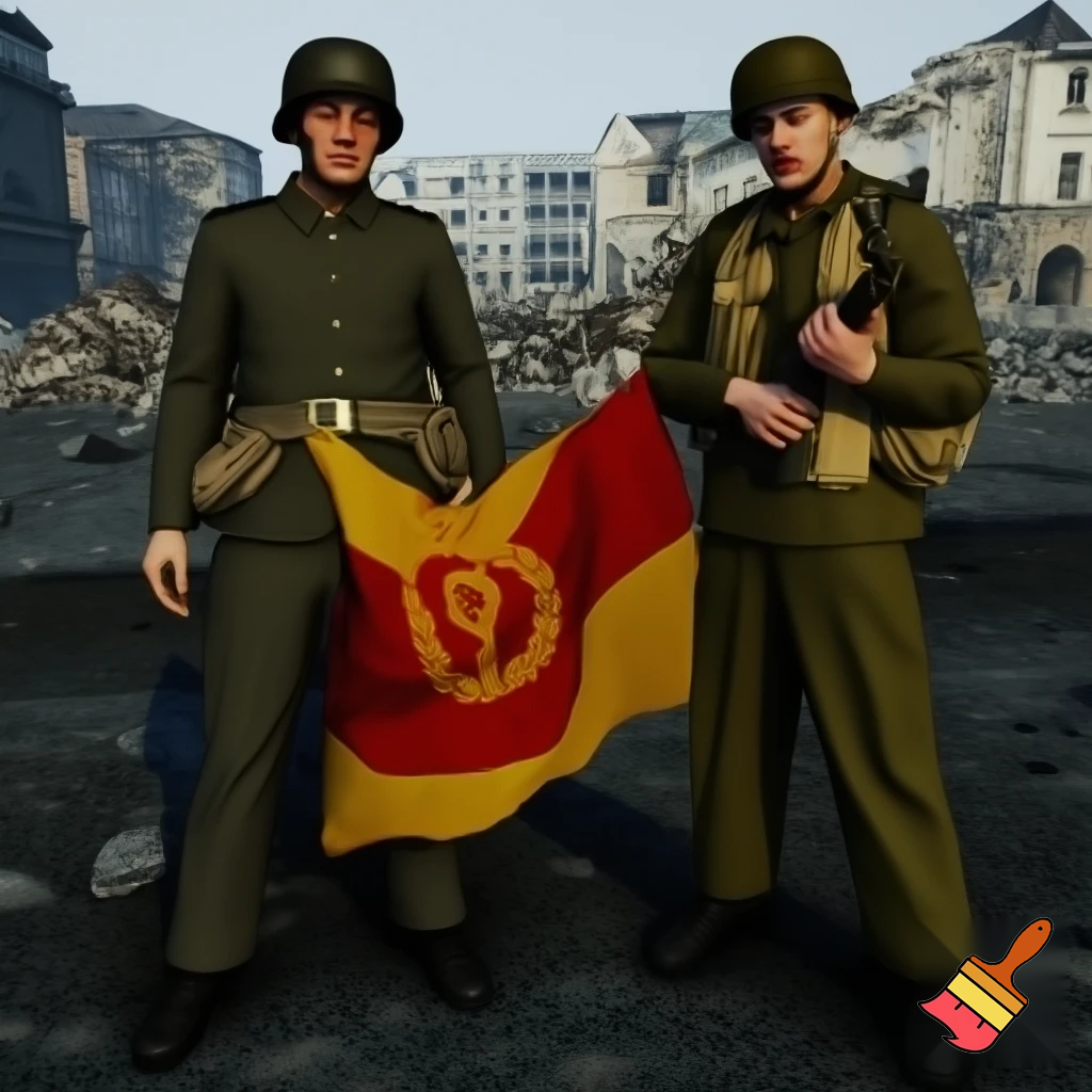 Солдаты ГДР и СССР (1980-1990ые годы,форма,оружие и снаряжение того времени) Держат довольно большой флаг ГДР (солдат гдр - слева,солдат СССР - справа) на фоне полу-разрушенной площади в город Брауншвейг.